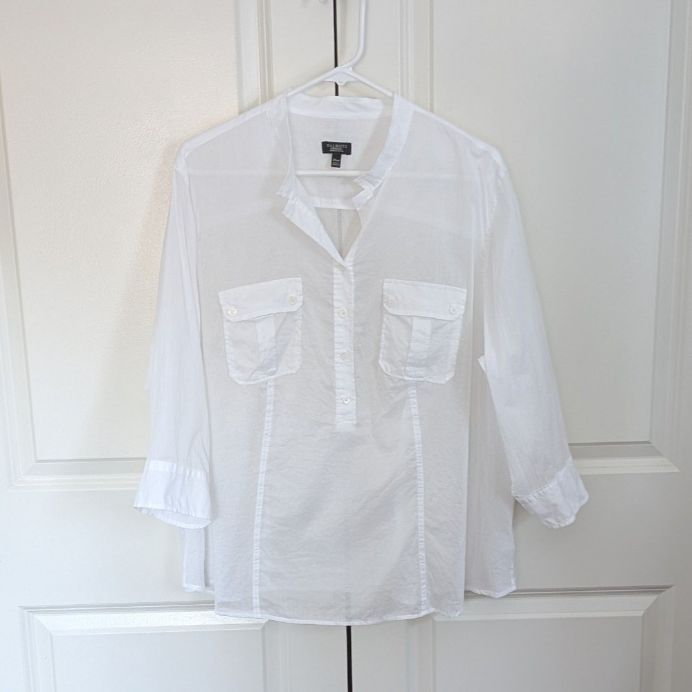 Talbots White Cotton 3/4 Sleeve Sheer Blouse Woman Petites 20WP Split Neck‎